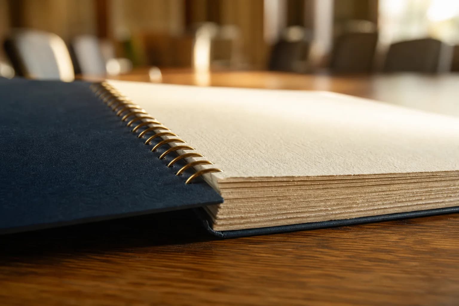 A bound field guide resting open on a conference table