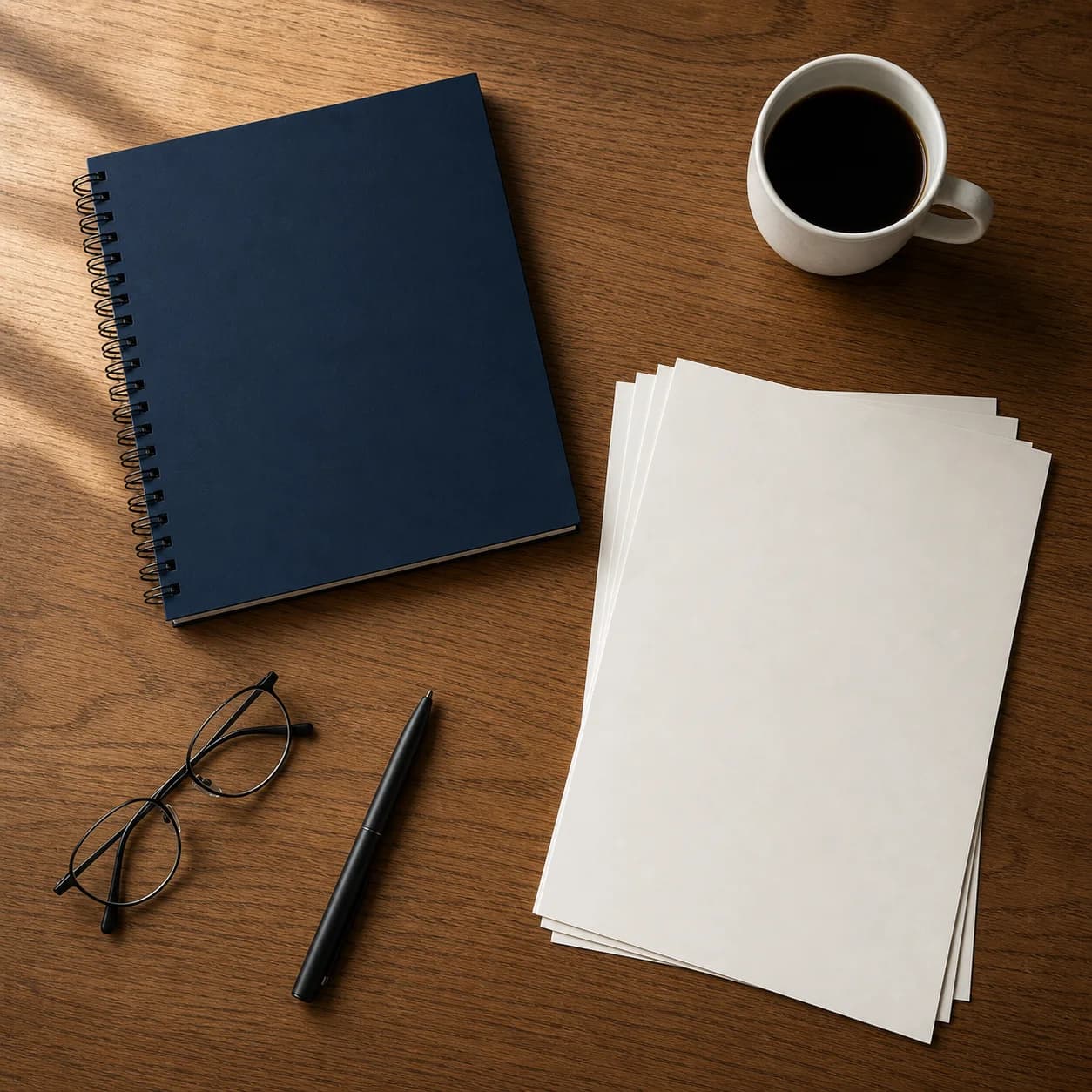 Session materials laid out on a table: a bound guide, printed handouts, a pen, and coffee