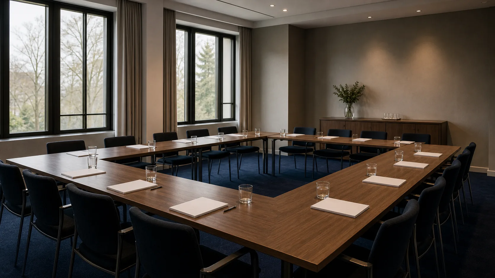 A training room arranged in an open U, set and waiting before the session