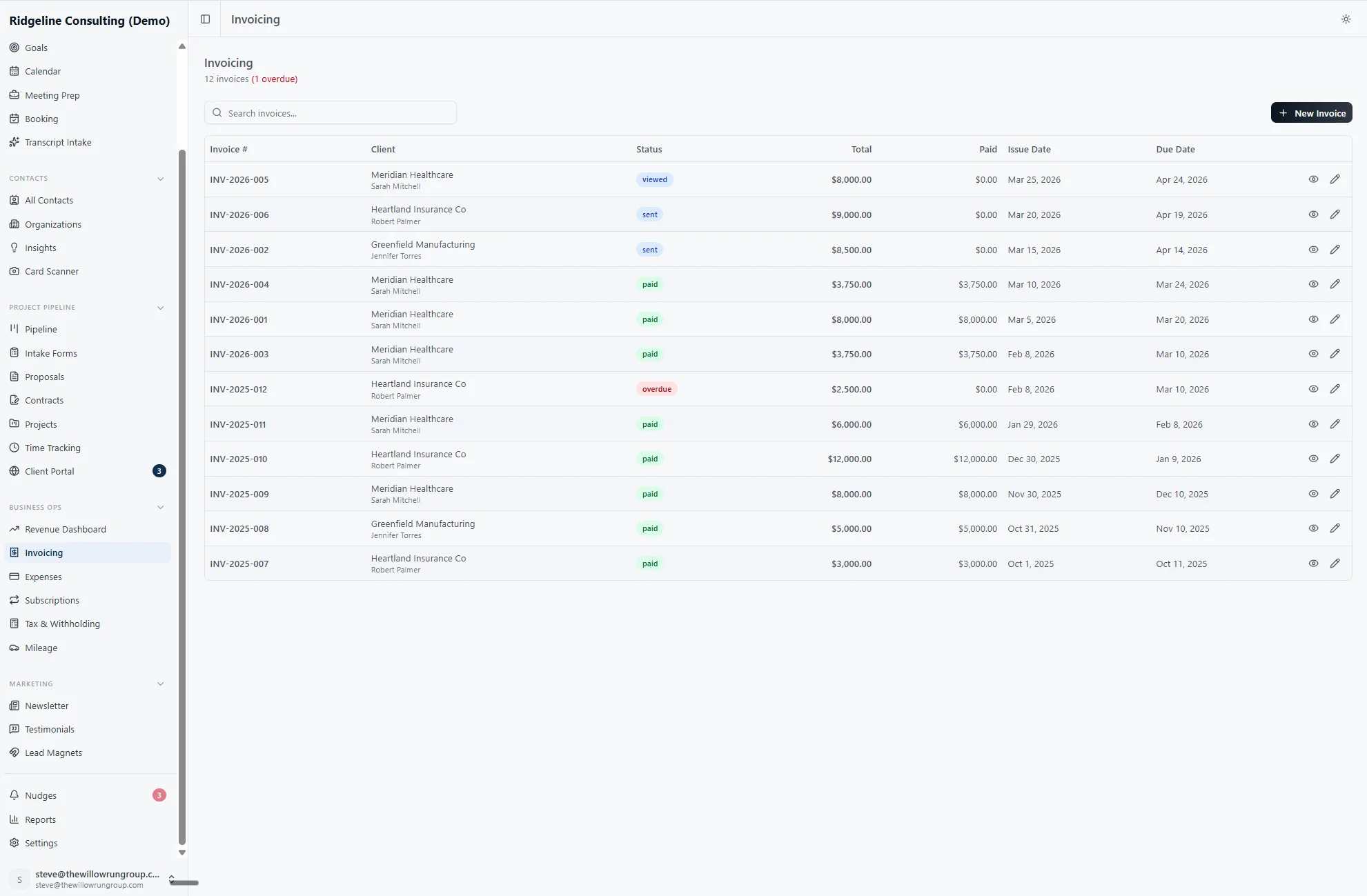 Canopy invoicing view showing invoice statuses, amounts, and due dates