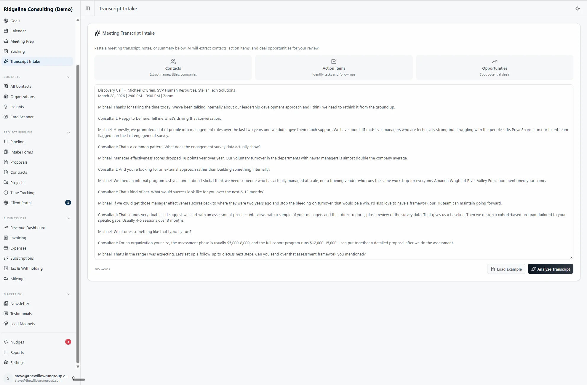 Paste a meeting transcript and AI analyzes it instantly