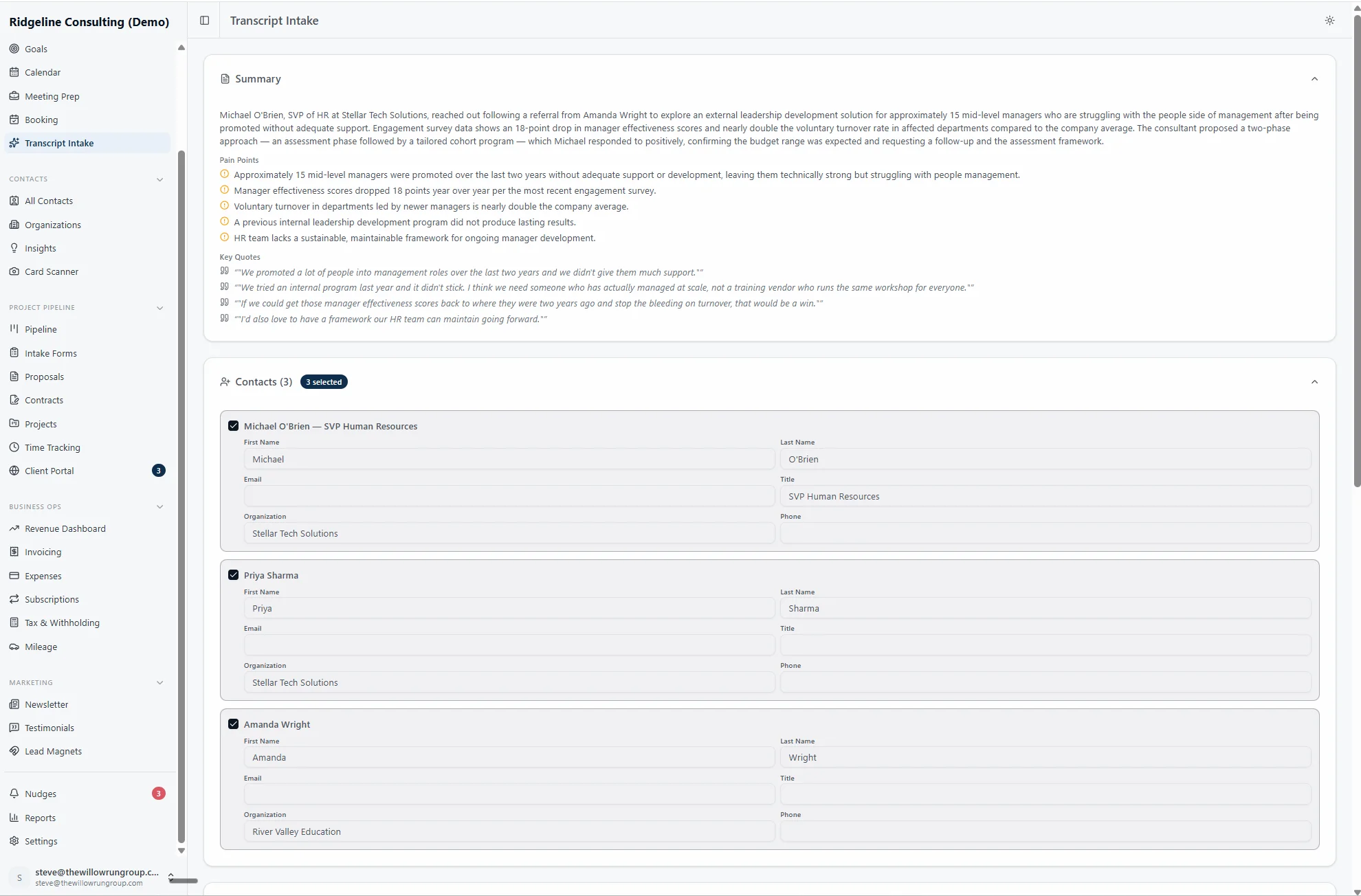 AI extracts summary, key quotes, and identifies contacts from the transcript