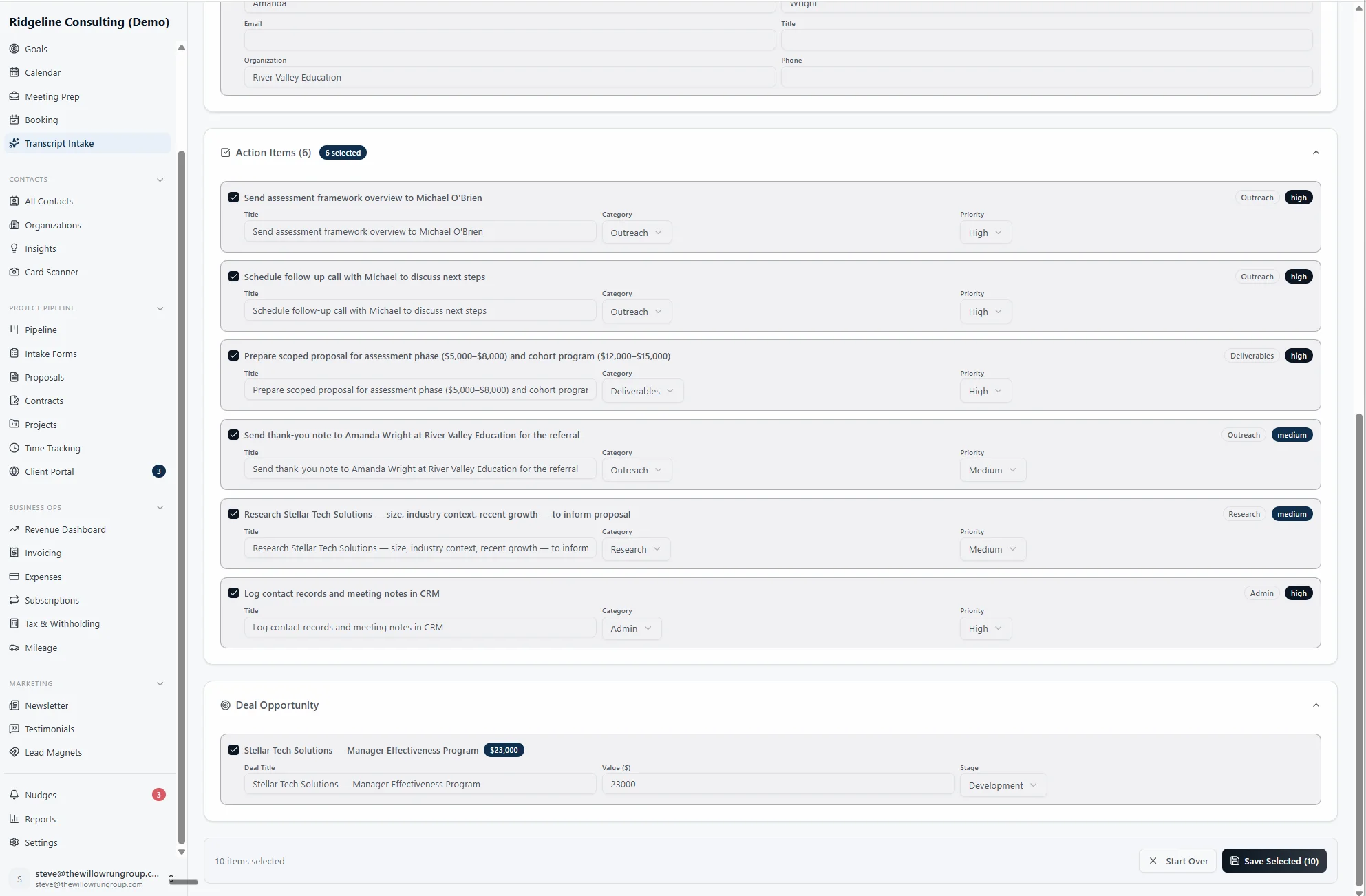 AI creates prioritized action items and identifies deal opportunities