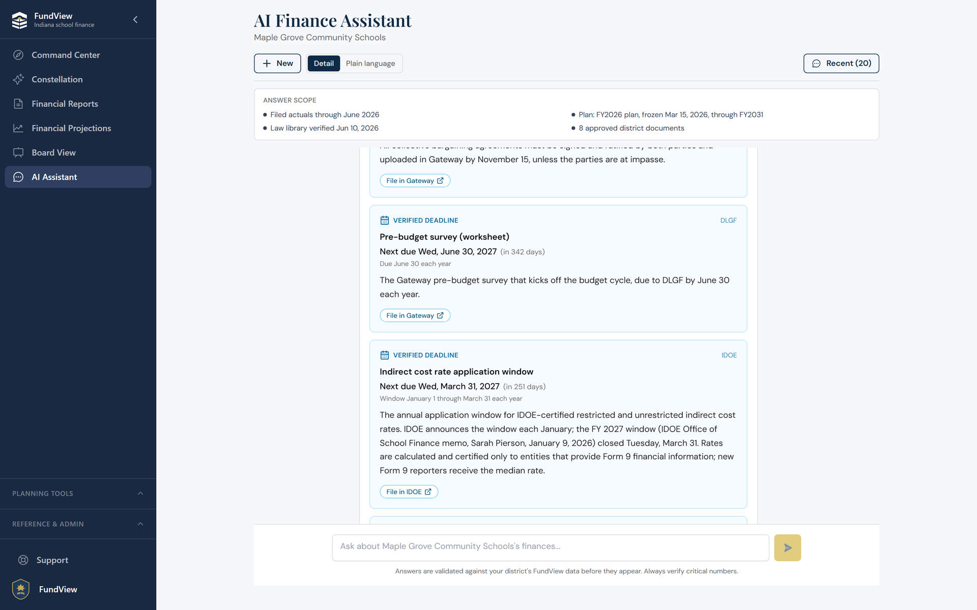 FundView AI assistant answering a compliance question with verified deadline cards and statute citations