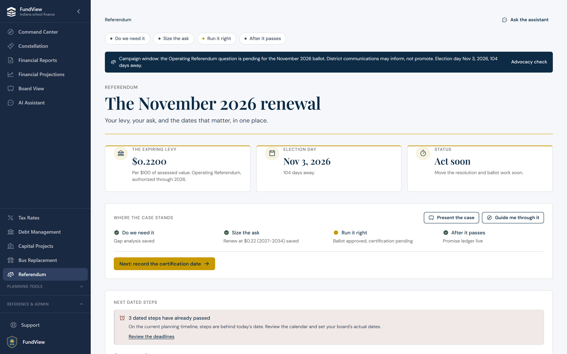 FundView referendum module with the expiring levy, election day countdown, and the staged case for the ballot